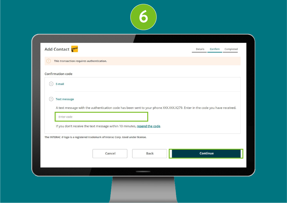 "Add Contact" authentication page of a banking website, showing visual focus on the "Enter Code" input field and the "Continue" button.