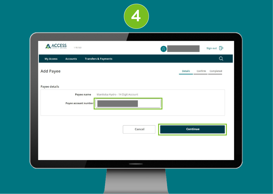 "Add Payee" page of a banking website, with visual focus on the "Payee Account Number" input field and the "Continue" button.
