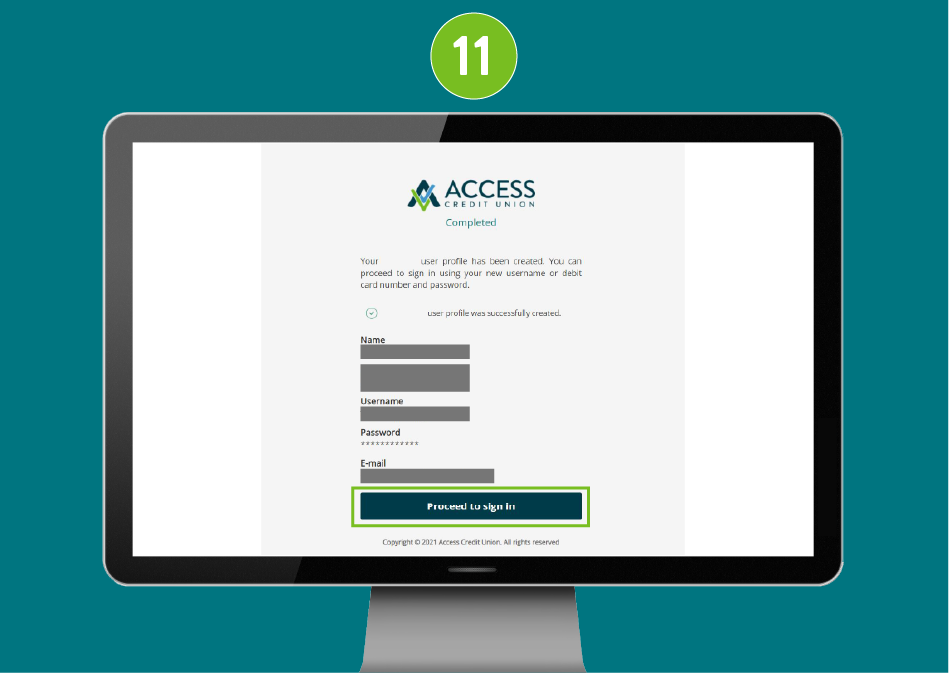 Website screen in a desktop browser showing a completion message and the “Proceed to Sign In” button.