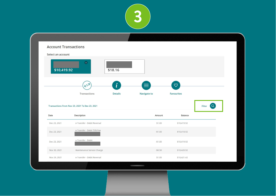 Account transactions page on a desktop browser with 'Filter' button selected.