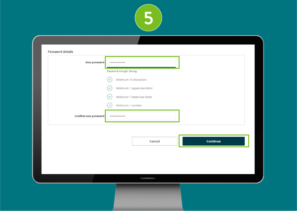 Desktop screenshot of 'Forgot password' page with focus on new password, confirm password fields, and 'Continue' button.