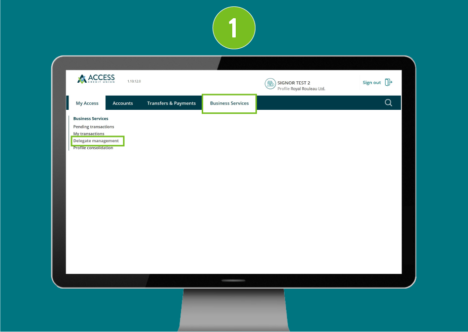Website page in a desktop browser, focused on the “Business services” tab and the Delegate management section.