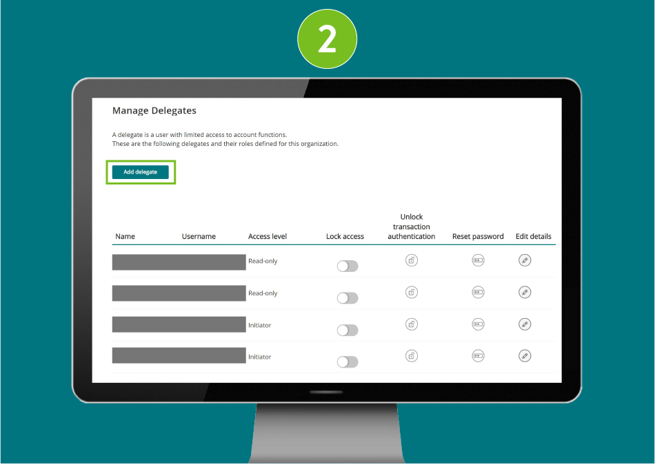 Manage Delegates page in a desktop browser, focused on the “Add delegate” button.