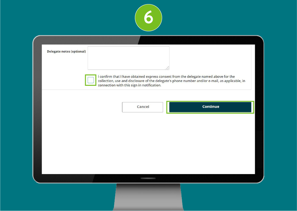 Website page on desktop, focused on confirmation checkbox and Continue button.