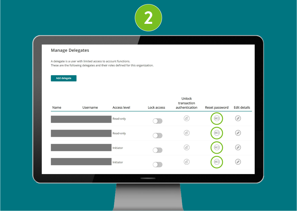 Manage Delegates page in a desktop browser, with focus on the Reset password buttons.