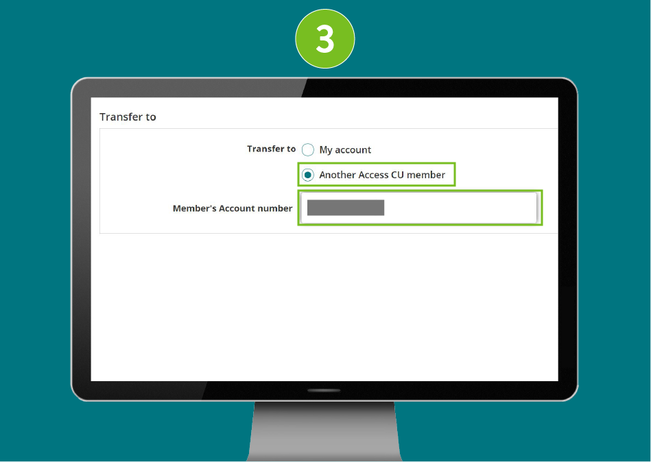 Website page in a desktop browser, with the “Another Access CU member” option selected and the member’s account number input field highlighted.