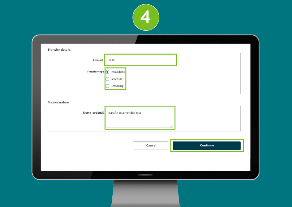 Website page in a desktop browser, focused on the amount field, with “Immediate” selected as the transfer type, the optional Message field and the Continue button highlighted.