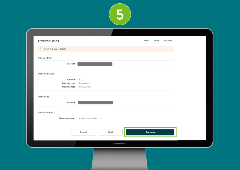 Transfer Funds page in a desktop browser showing the Confirm transfer details step, focused on the Continue button.