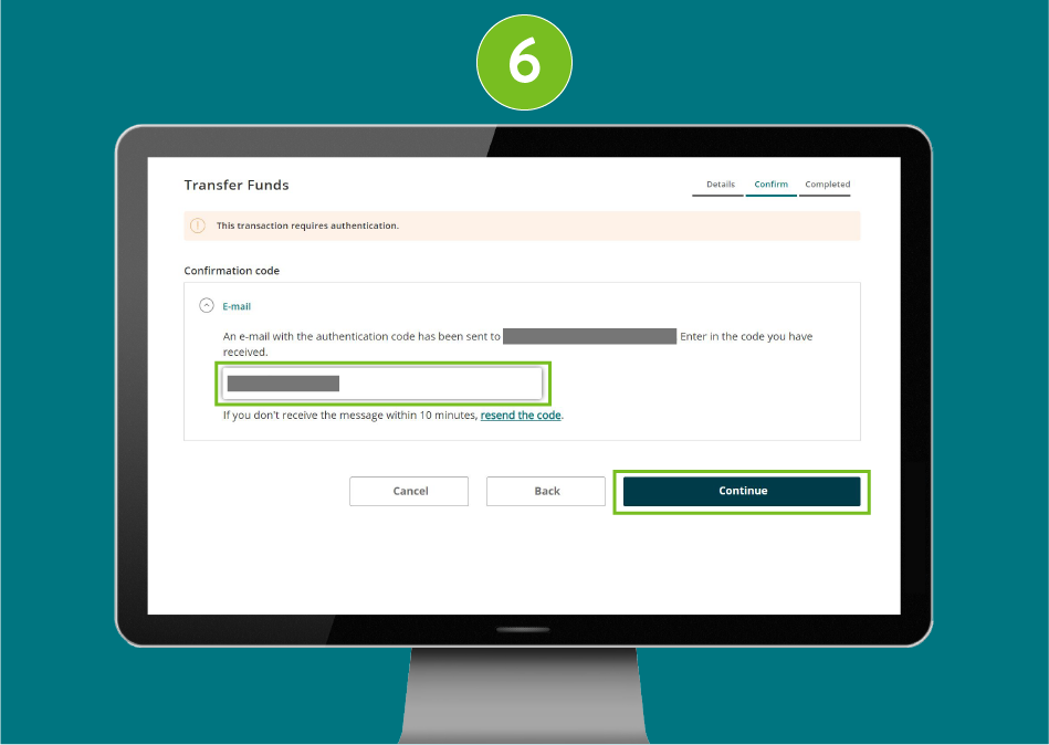 Transfer Funds page in a desktop browser showing the authentication code entry step, with focus on the Continue button used to proceed.