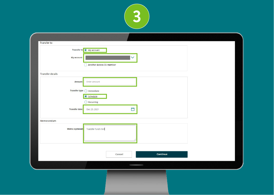 Website page in a desktop browser, focused on the  “Transfer to” field, amount, transfer type, and the Continue button.