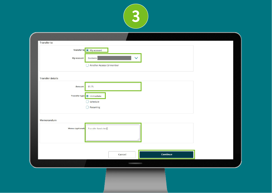 Website page in a desktop browser, focused on the  “Transfer to” field, amount, transfer type, and the Continue button.