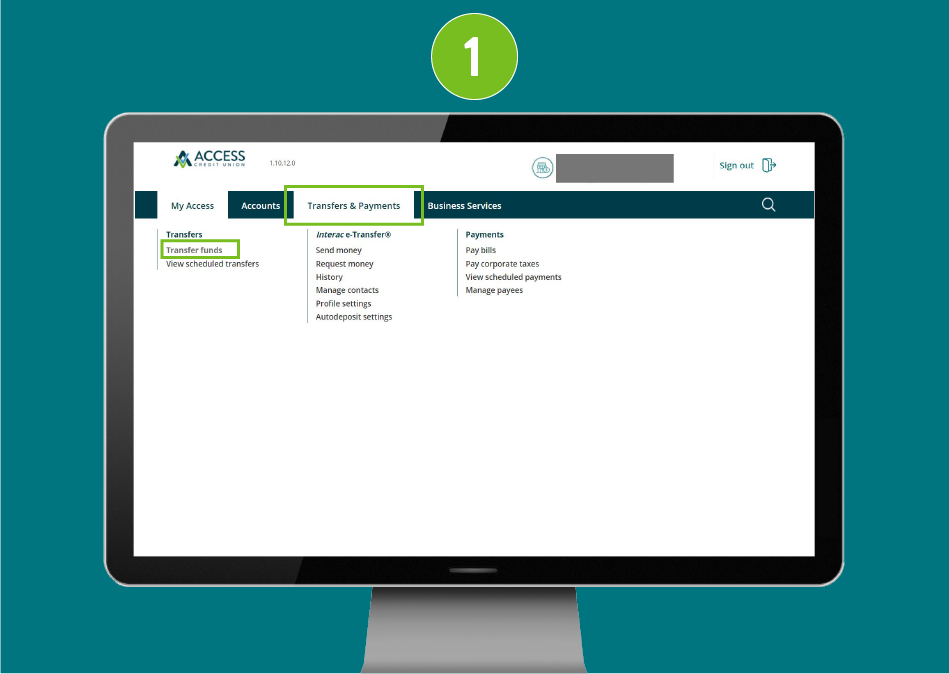 Website page in a desktop browser, focused on the “Transfers & Payments” dropdown menu with the “Transfer Funds” option highlighted under the Transfers section.
