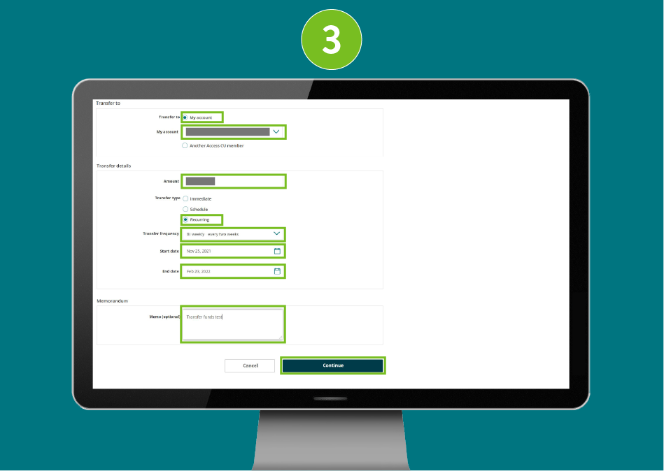 Website page in a desktop browser, focused on the  “Transfer to” field, amount, transfer type, and the Continue button.