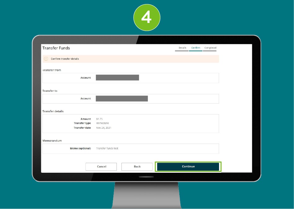 Transfer Funds page in a desktop browser, showing transfer details and focused on the Continue button.
