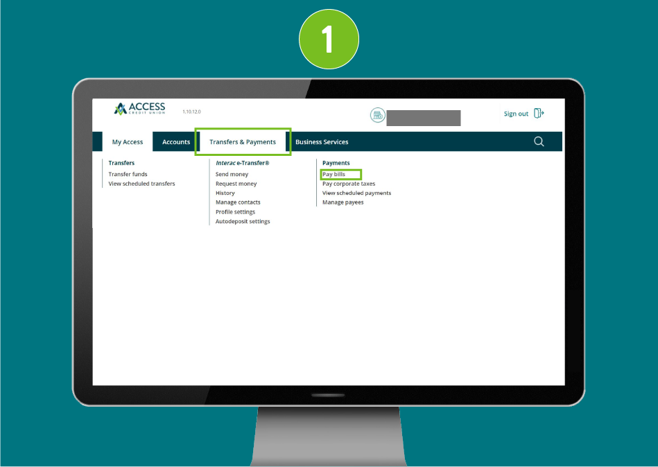 Desktop browser view of a banking website, with "Transfers & Payments" highlighted in the navigation menu and the "Pay Bills" option selected.