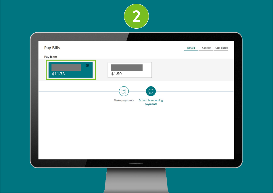 "Pay Bills" page of a banking website, showing visual focus on the selected account to pay from.