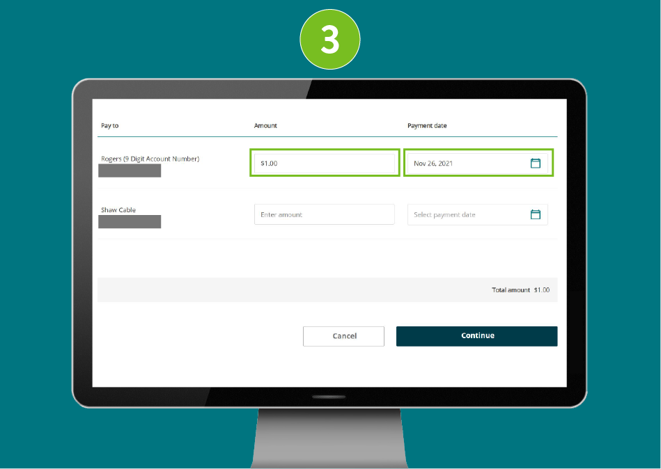 "Pay Bills" page of a banking website, showing visual focus on the selected "Amount" and "Payment Date" input fields.
