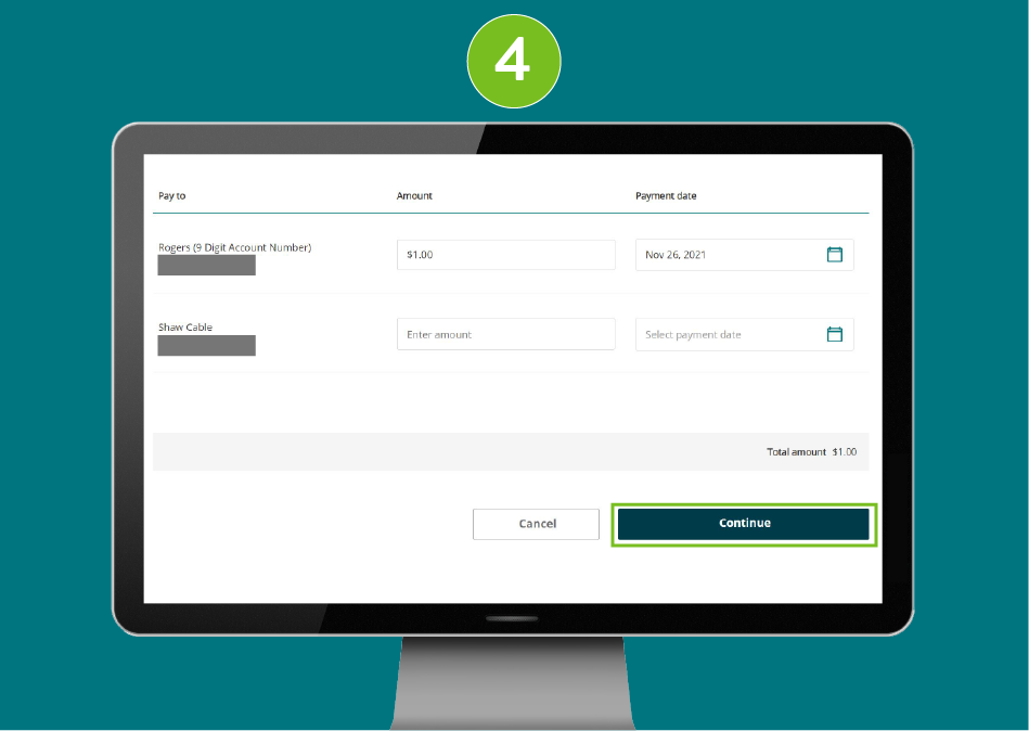 "Pay Bills" page of a banking website, showing visual focus on the "Continue" button.