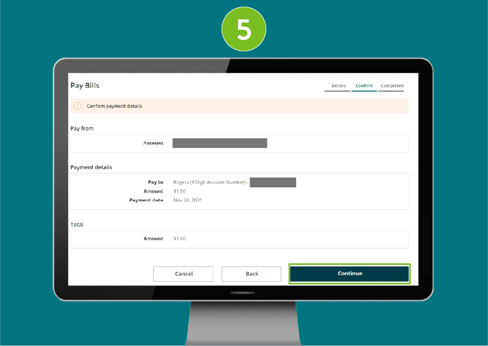 "Pay Bills" confirmation page of a banking website, showing visual focus on the "Continue" button.
