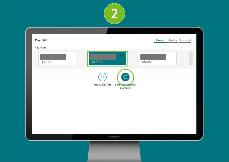 "Pay Bills" page of a banking website, showing visual focus on the selected account to pay from.
