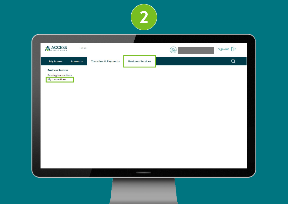 Website page on desktop, with  focus on the Business Services section and ‘My transactions’ option.