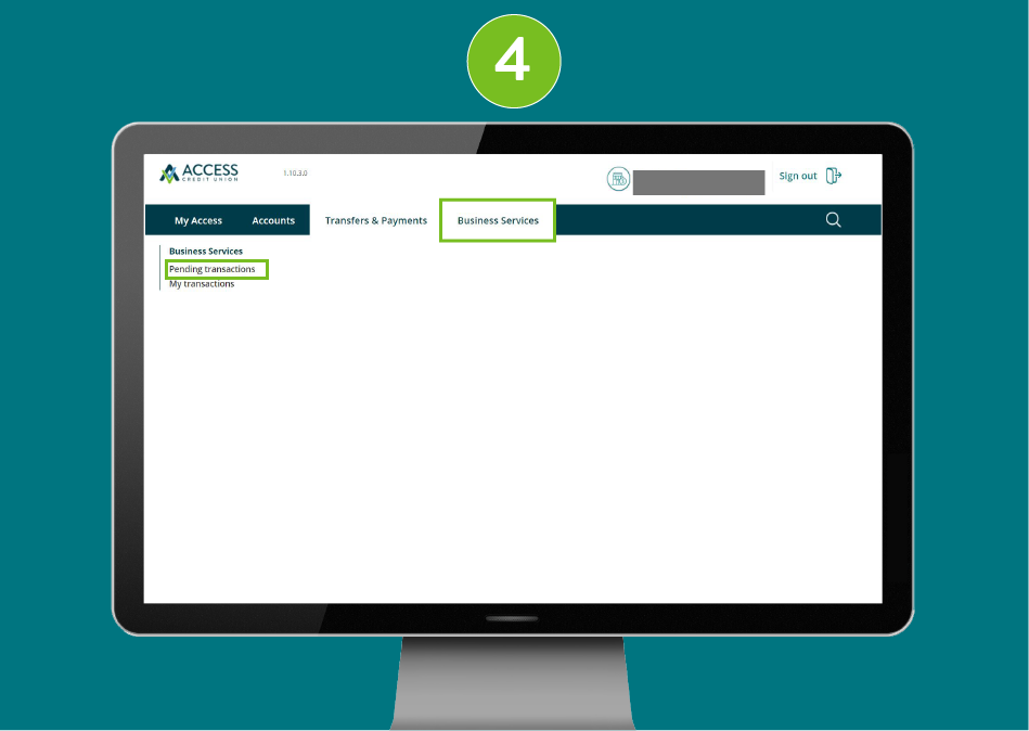 Website page on desktop, with  focus on the Business Services section and ‘Pending Transactions’ option.