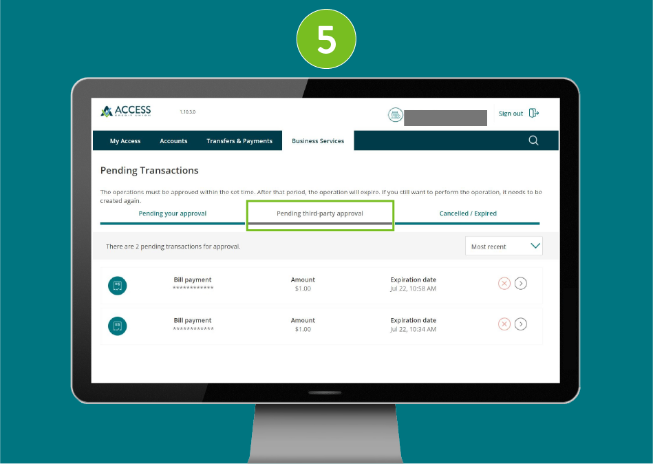 Pending transactions page on desktop, showing a list of items with action buttons, and the ‘Pending third-party approval’ column highlighted.