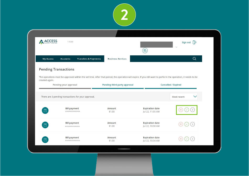Pending transactions page on desktop, showing a list of items with action buttons, and the Approve, Decline, and Details buttons highlighted.