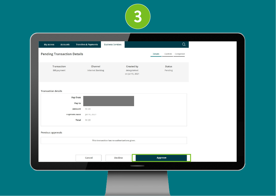 Pending transaction details page on desktop, showing transaction information with the Approve button highlighted.