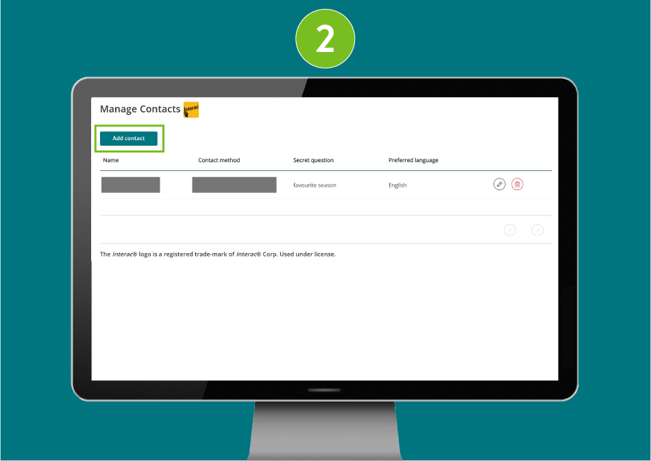 "Manage Contacts" page of a banking website, with visual focus on the "Add Contact" button.