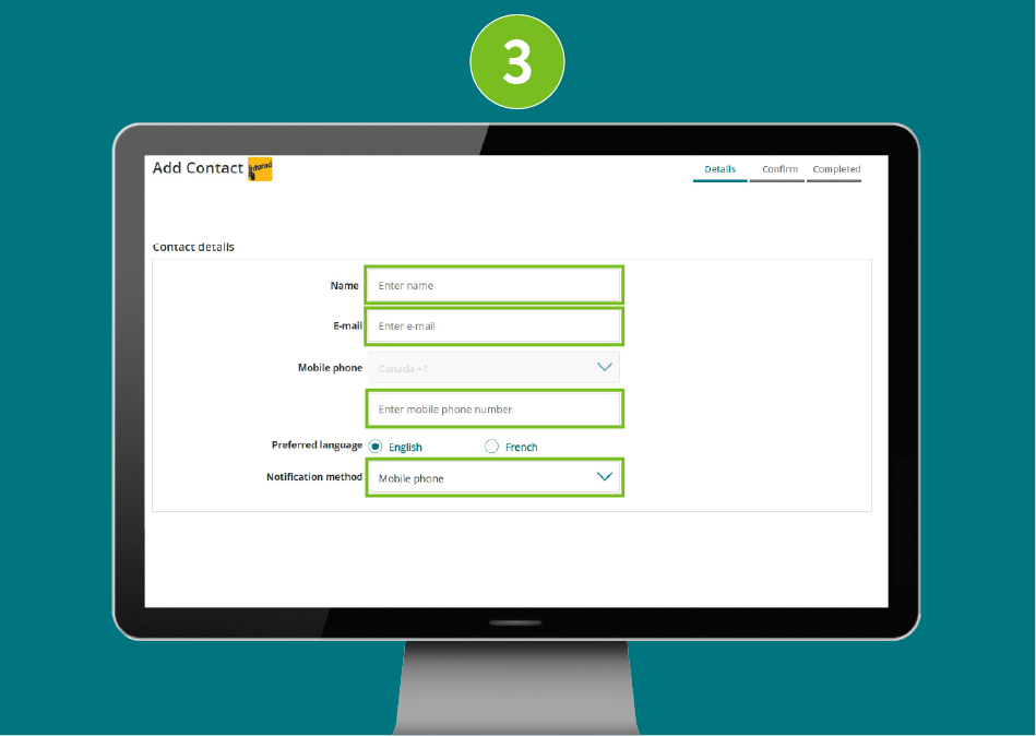 "Add Contact" page of a banking website, with visual focus on the input fields for Name and Email, and the "Notification Method" selection.