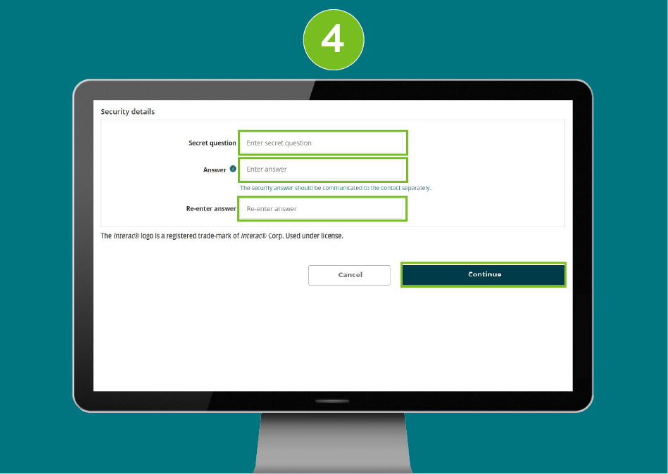 Page of a banking website, with visual focus on the input fields for "Secret Question" and its "Answer", "Re-enter Answer", and the "Continue" button.