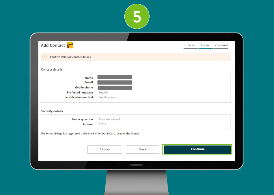 "Add Contact" confirmation page of a banking website, showing visual focus on the "Continue" button.
