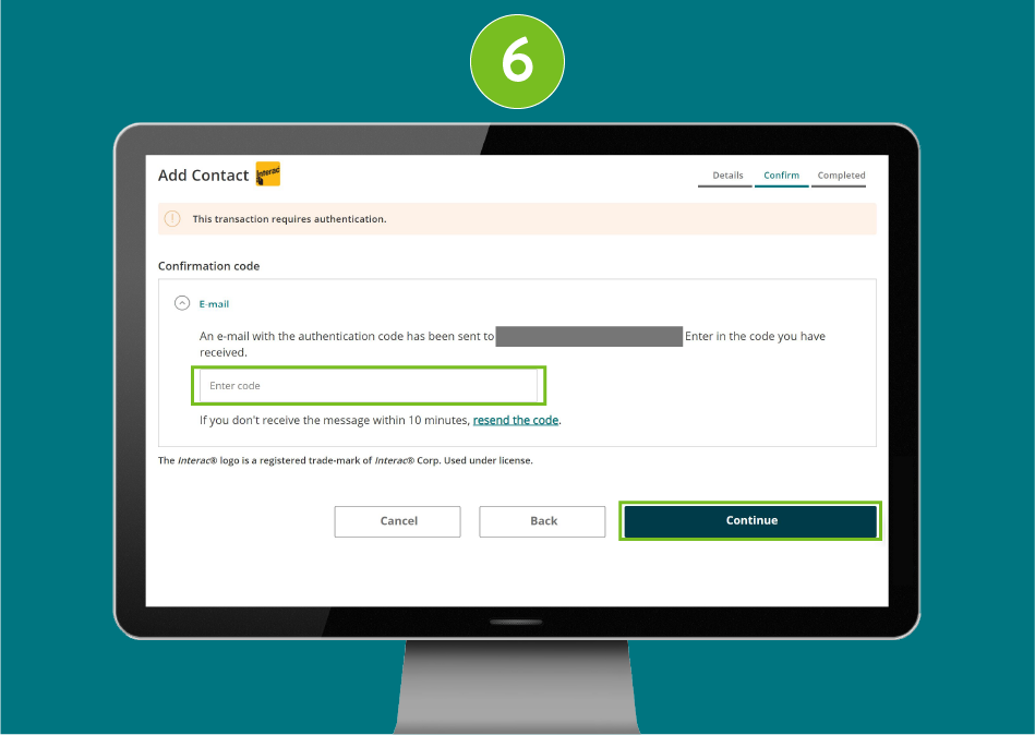"Add Contact" authentication page of a banking website, showing visual focus on the "Enter Code" input field and the "Continue" button.