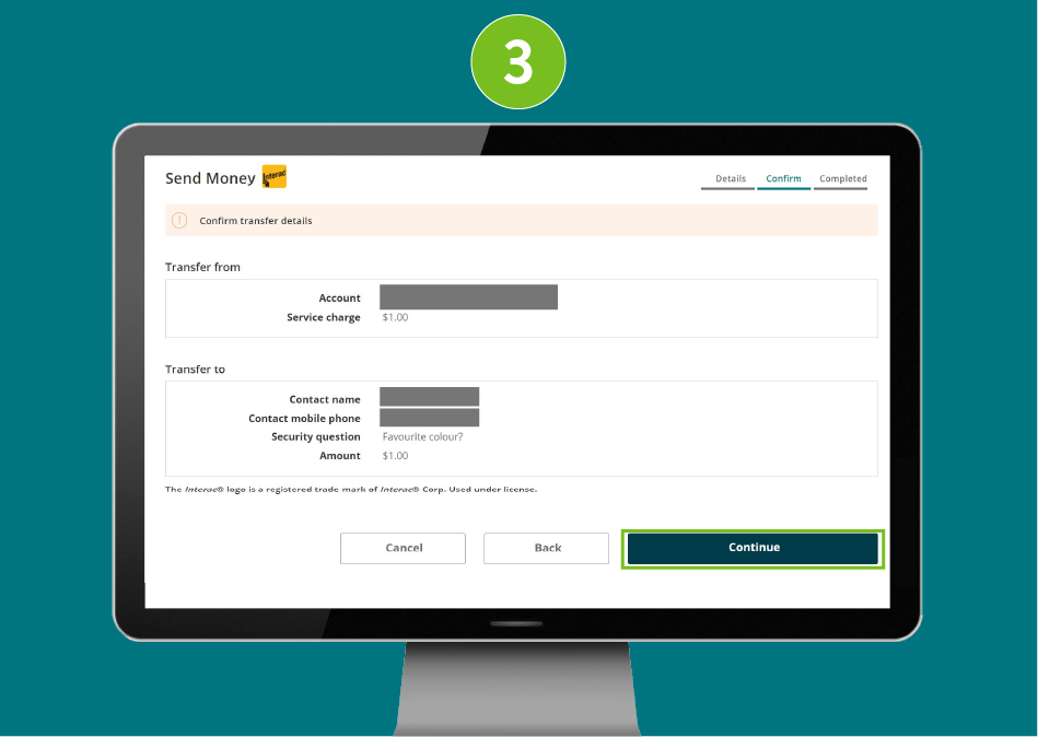 "Send Money" confirmation page of a banking website, with visual focus on the "Continue" button.