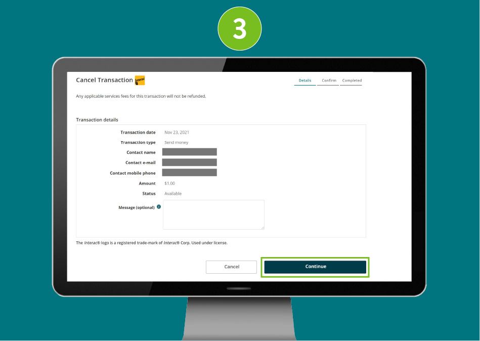 Cancel transaction page in a desktop browser with focus on the 'Continue' button.