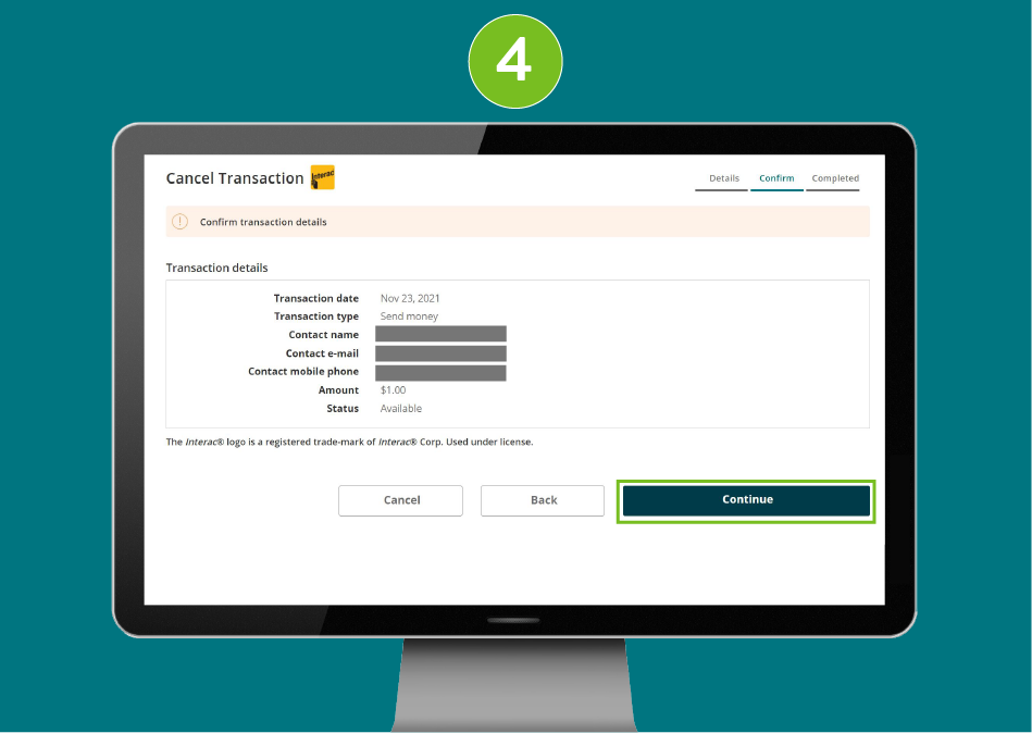 Cancel transaction page in a desktop browser, confirming transaction details with focus on the 'Continue' button.