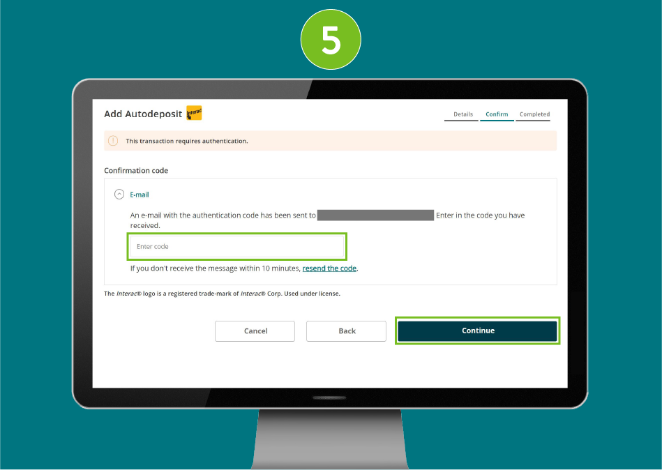 Add Autodeposit page in a desktop browser with focus on the authentication code field and 'Continue' button.