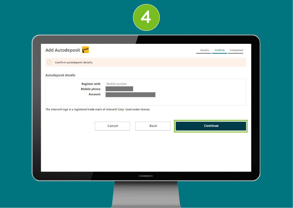 Add Autodeposit confirmation page in a desktop browser with focus on the 'Continue' button.