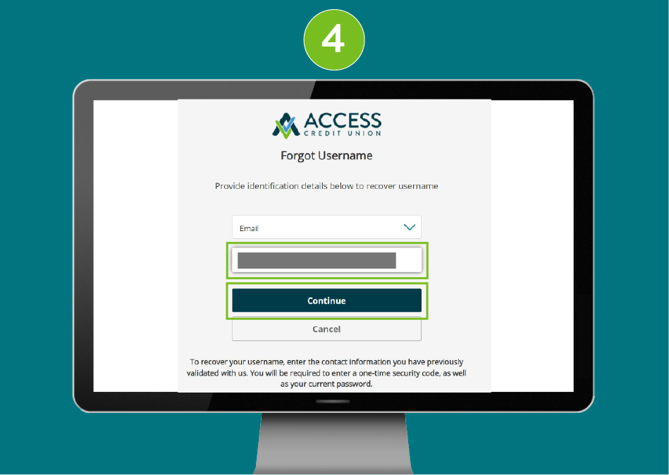 Desktop screenshot of 'Forgot username' page with focus on 'Continue' button.