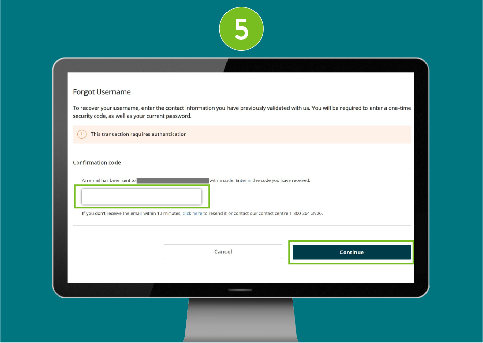 Desktop screenshot of 'Forgot username' page with focus on authentication code field and 'Continue' button.