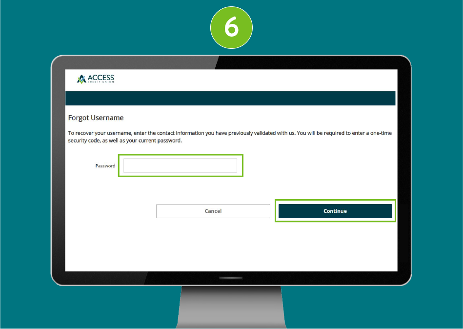 Desktop screenshot of 'Forgot username' page with focus on Password field and 'Continue' button.
