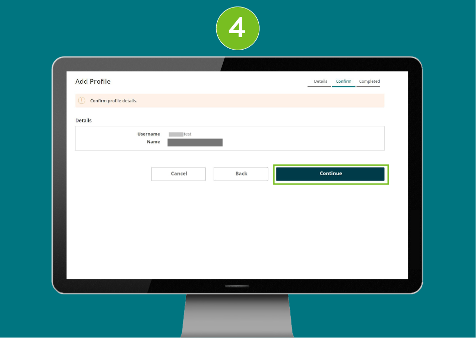 Add Profile page displayed in a desktop browser, with focus on the Continue button.