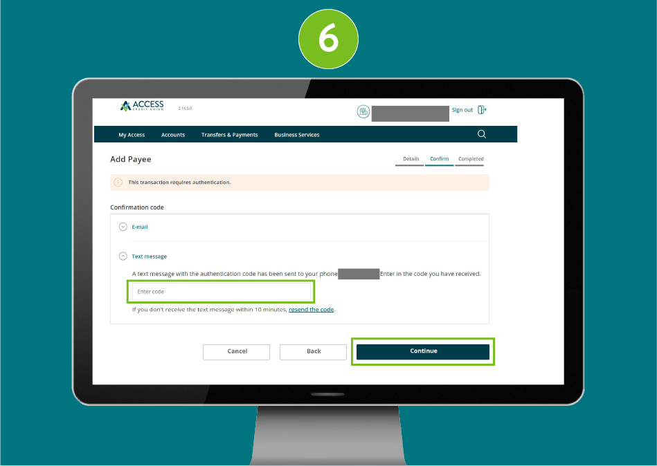 Page of a banking website, with visual focus on the "Authentication Code" input field and the "Continue" button.