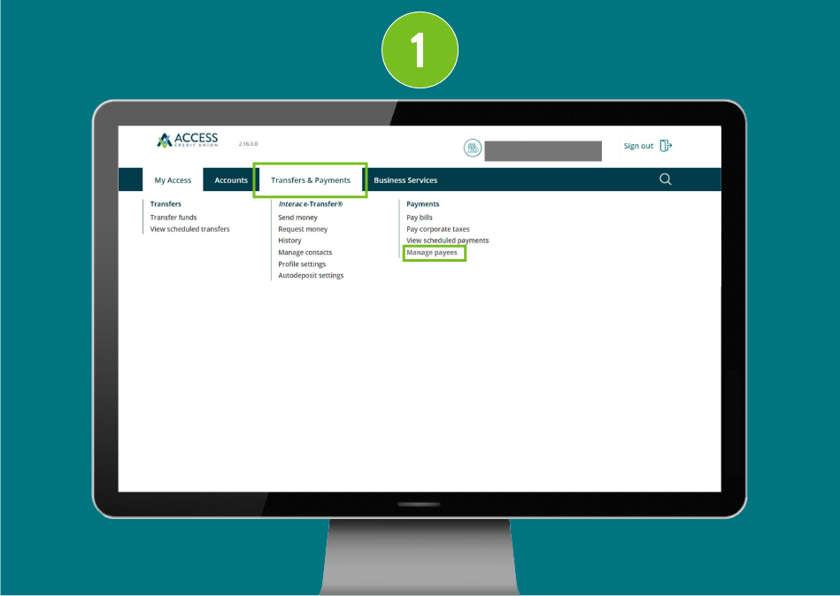 Desktop browser view of a banking website, with "Transfers & Payments" highlighted in the navigation menu and the "Manage Payees" option selected.