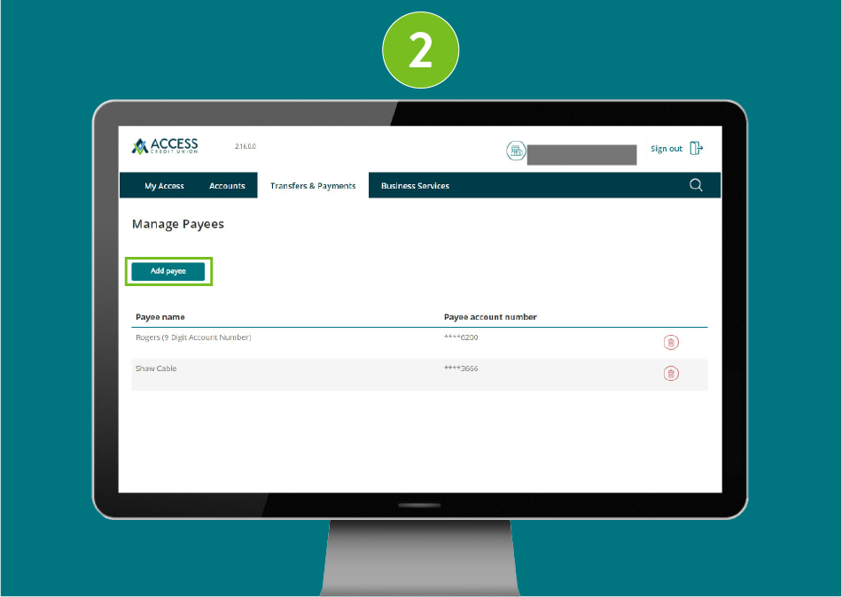 "Manage Payees" page of a banking website, with visual focus on the "Add Payee" button.