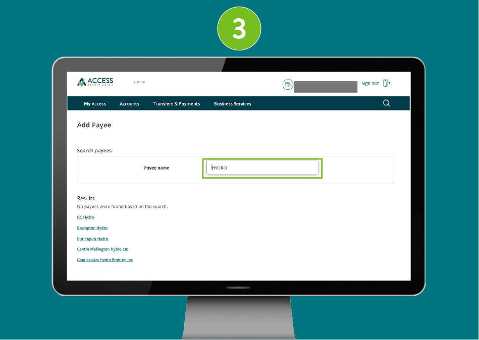"Add Payee" page of a banking website, with visual focus on the "Payee Name" input field.