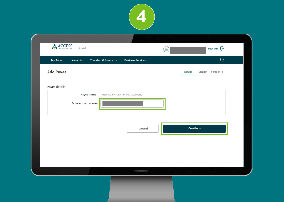 "Add Payee" page of a banking website, with visual focus on the "Payee Account Number" input field and the "Continue" button.