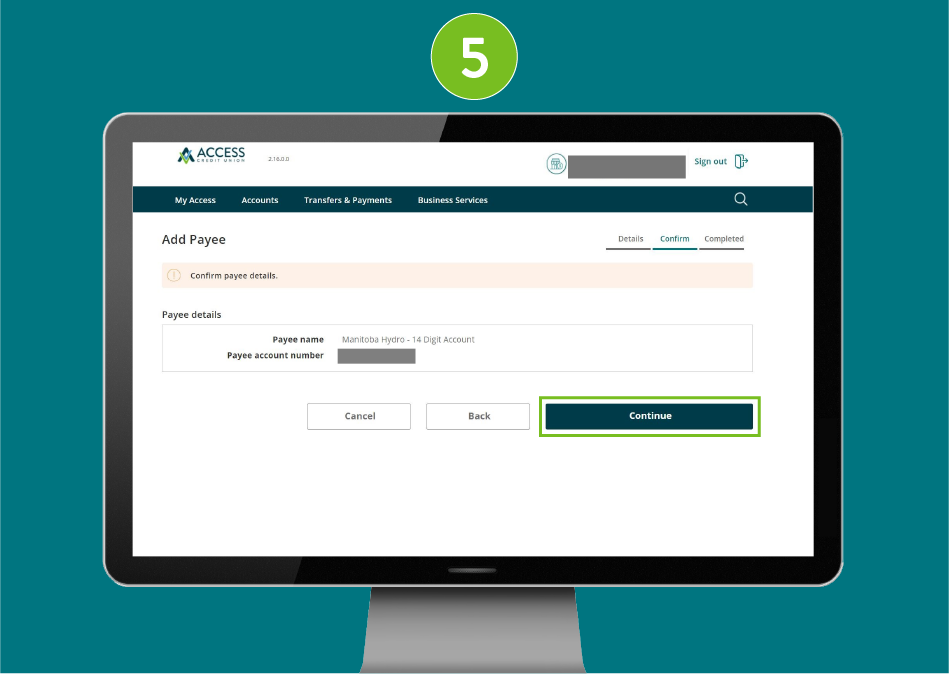 "Add Payee" confirmation page of a banking website, with visual focus on the "Continue" button.