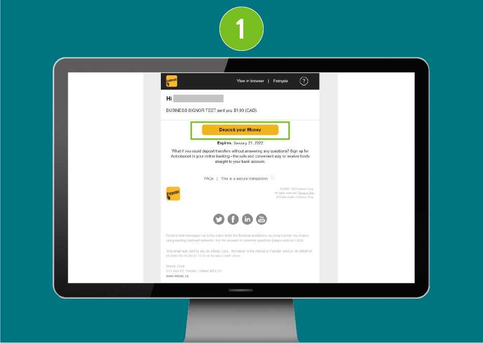 Website page for Accept e-Transfer viewed on a desktop browser, with visual emphasis on the 'Deposit Your Money' button.